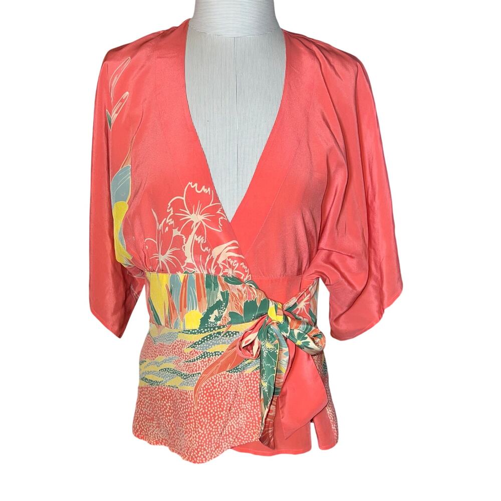 Tibi silk wrap front tie wrap colorful floral women's top  size large